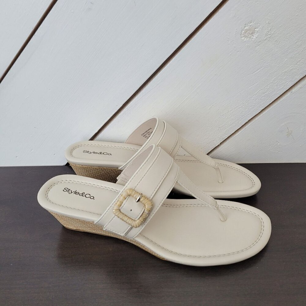 NEW Style & Co Women's 8.5 Ivory Raffia Wedge Sandals W/ Gold Buckle